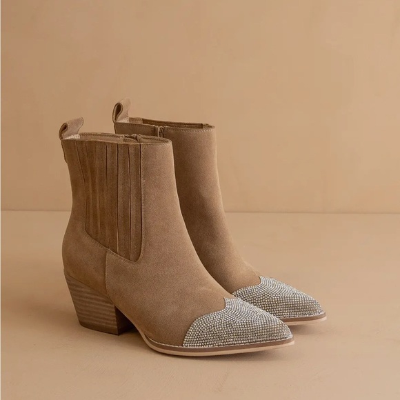 Anthropologie Beige Suede Booties with Metallic Toe - Picture 4 of 4